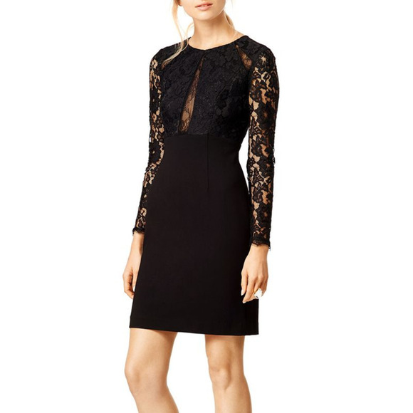 Monique Lhuillier Dress Mesh Lace Mini Round Neck Long Sleeve